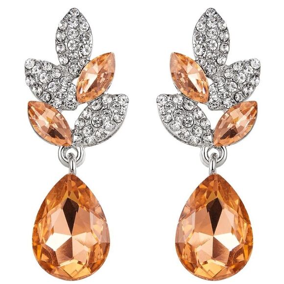 Silver with Champagne Topaz White Diamond Crystal Leaf Teardrop Post Earrings - Picture 1 of 5